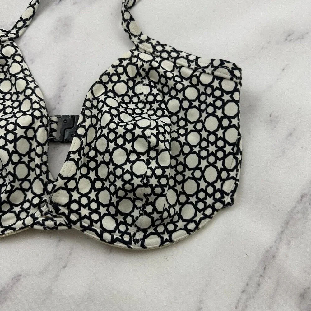 Freya Halter Bikini Top Size 34 E White Black Geometric Star Print Underwire